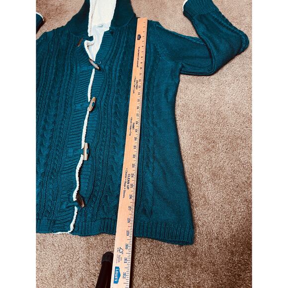 LL BEAN size L sweater chunky cable knit teal hood lined wool blend outdoors - Picture 4 of 5